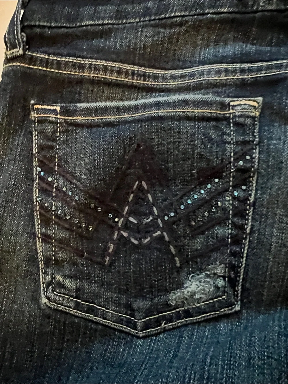 7 For All Mankind Dark Blue Denim Bootcut Jeans with Embellished Back Pocket